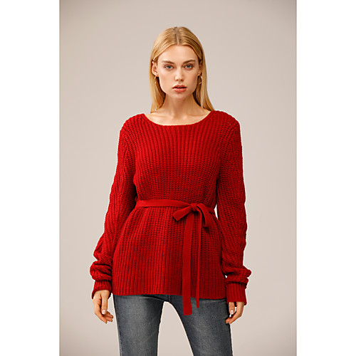 

Women's Knitted Solid Color Pullover Long Sleeve Sweater Cardigans Crew Neck Fall Winter Red