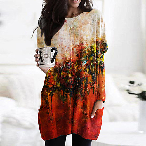 

Women's Shift Dress Short Mini Dress Orange Long Sleeve Print Print Fall Spring Round Neck Casual 2021 M L XL XXL 3XL