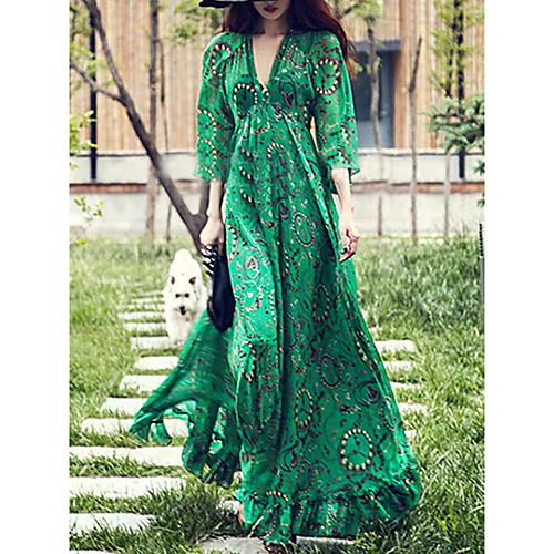 

Women's Swing Dress Maxi long Dress Green 3/4 Length Sleeve Print Ruffle Patchwork Print Summer V Neck Elegant Sexy vacation dresses Flare Cuff Sleeve 2021 S M L XL XXL / Plus Size