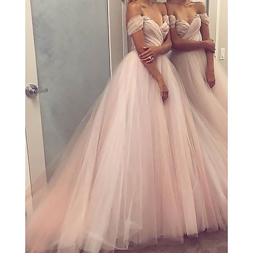 

A-Line Minimalist Elegant Engagement Formal Evening Dress Off Shoulder Sleeveless Sweep / Brush Train Tulle with Pleats 2021