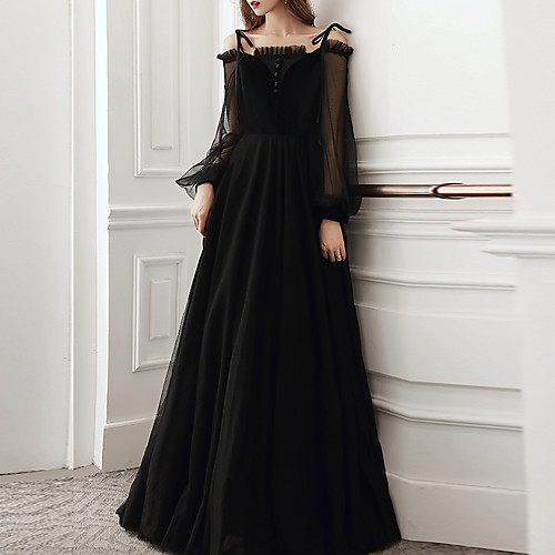 

A-Line Minimalist Elegant Wedding Guest Formal Evening Dress Spaghetti Strap Long Sleeve Floor Length Tulle with Buttons 2021