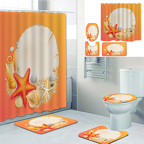 

Starfish Shell Printed Bathtub Curtain Liner Covered With Waterproof Fabric Shower Curtain For Bathroom Home Decoration With Hook Floor Mat And Four-piece Toilet Mat