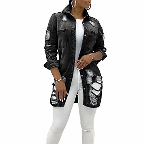 

ladies denim jacket oversized with tears jeans denim jacket vintage long used wash transition jacket blogger denimwear parka blue denim destroyed coat cut out look m