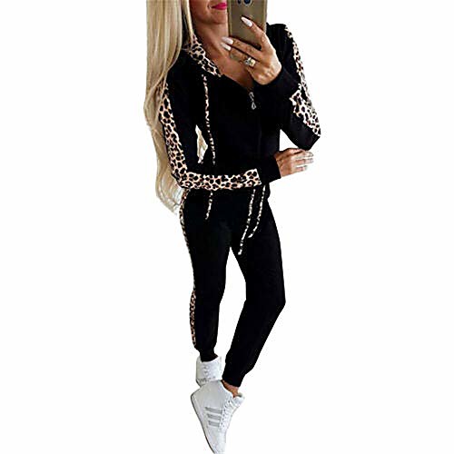 

women's casual 2 piece jogger outfit matching leopard print long sleeve pullover hoodie zipper elastic band slim pant set sportwear (black, m)