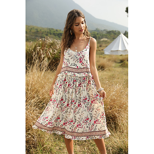 

Women's Sundress Knee Length Dress Green Beige Sleeveless Floral Print Spring Summer Boat Neck Casual Boho 2021 S M L XL