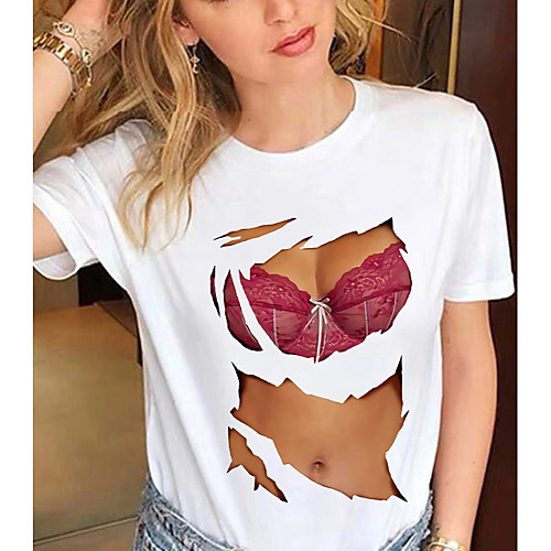 

Women's T shirt 3D Graphic Prints Print Round Neck Tops 100% Cotton Basic Sexy Basic Top White Black