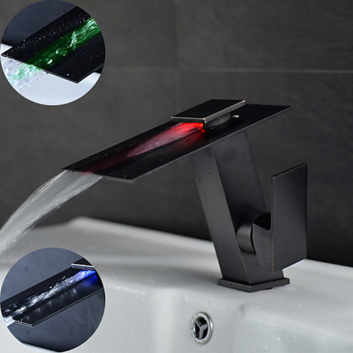 

Bathroom Sink Faucet - Waterfall / LED Metallic Black Centerset Single Handle One HoleBath Taps / Brass