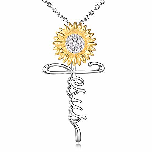 

sunflower faith jesus jewelry 925 sterling silver sunflower cross necklace gifts for women (2-cross sunflower jesus)