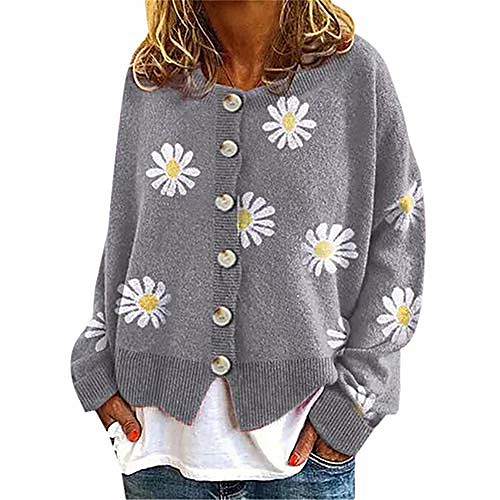 

womens button down knit sweater coat, women fashion daisy printed knitted outwear long sleeve loose cardigan sweaters grey