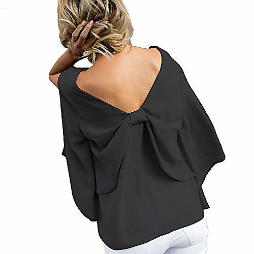 

bow back neckline t-shirt women summer short-sleeved, subfamily casual elegant solid color flare sleeves v-neck tops tops blouses shirts tunic casual shirt (black, m)