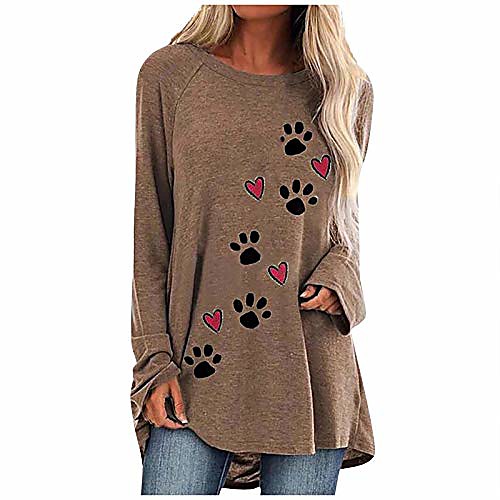 

dog paw shirts for women love hearts pet footprints flowy long sleeve shirts crewneck tunic tops plus size.s-3xl khaki