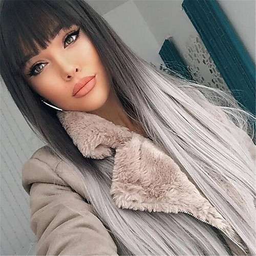 

26 Inch Ladies Wig Temperament Long Straight Hair Black Gray Bangs Dyeing Gradient Long Hair High Temperature Silk Wig