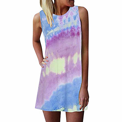 

summer casual sleeveless tie-dyed gradient t shirt dress mini tank dress pleated beach sundress