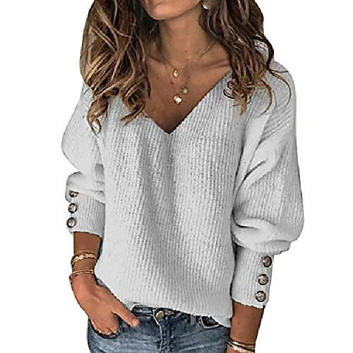 

Women's Solid Color Sweater Cotton Long Sleeve Sweater Cardigans V Neck Blue Gray