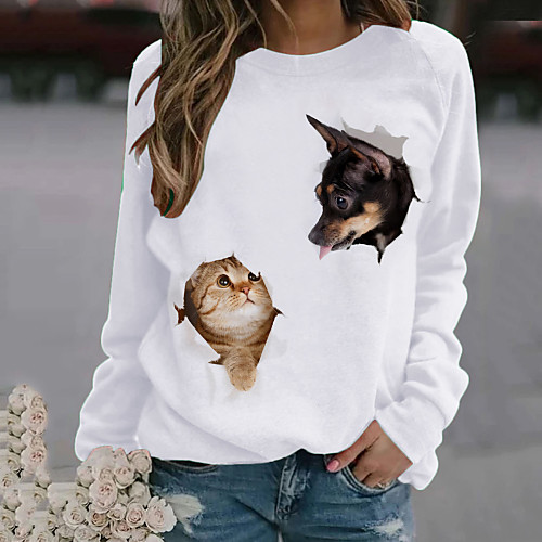 

Women's T shirt Cat Dog Animal Long Sleeve Print Round Neck Tops Basic Top White