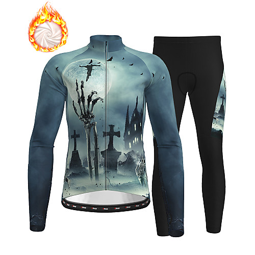 

21Grams Men's Long Sleeve Cycling Jersey with Tights Winter Fleece Grey Skull Christmas Bike Thermal Warm Fleece Lining Breathable Warm Quick Dry Sports Graphic Mountain Bike MTB Road Bike Cycling