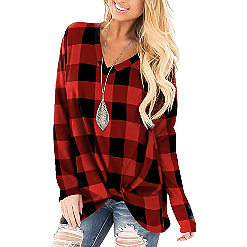 

Women's Blouse Striped Check Long Sleeve V Neck Tops Basic Basic Top Black Red Wine