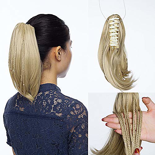 

ponytail claw on hair extension clip in - 11 inch light brown & ash blonde - synthetic ponytail hairpiece straight with braids for women ladies