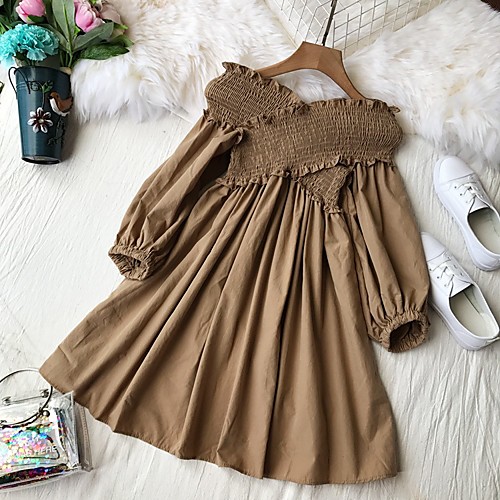 

Women's A Line Dress Knee Length Dress White Black Blue Khaki Long Sleeve Solid Color Ruched Ruffle Patchwork Fall Spring Off Shoulder Casual Puff Sleeve 2021 One-Size