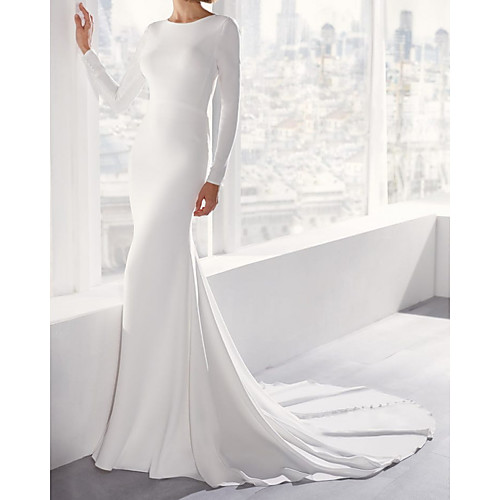 

Mermaid / Trumpet Wedding Dresses Jewel Neck Court Train Stretch Satin Long Sleeve Country Simple with 2021