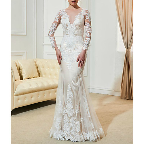 

Mermaid / Trumpet Wedding Dresses V Neck Sweep / Brush Train Lace Tulle Long Sleeve Romantic Beach with Appliques 2021
