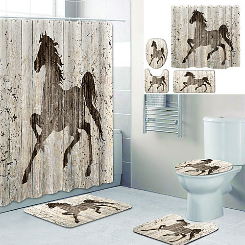 

Painting Running Horse Printed Bathtub Curtain Liner Covered With Waterproof Fabric Shower Curtain For Bathroom Home Decoration With Hook Floor Mat And Four-piece Toilet Mat