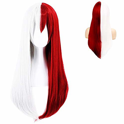 

half red white anime cosplay wig long straight wig with bangs synthetic hair wigs for women halloween party wig