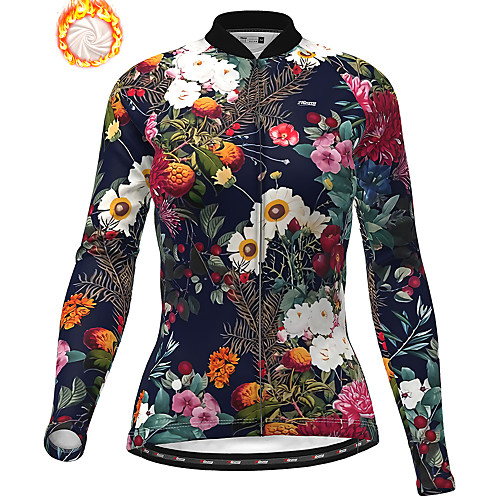 

21Grams Women's Long Sleeve Cycling Jersey Winter Fleece Polyester Dark Navy Floral Botanical Christmas Bike Jersey Top Mountain Bike MTB Road Bike Cycling Fleece Lining Warm Quick Dry Sports