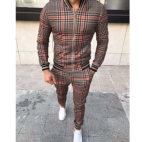 

Men's 2 Piece Full Zip Sweatsuit Gentleman Tracksuit Street Casual Long Sleeve 2pcs Cotton Thermal Warm Breathable Soft Gym Workout Running Jogging Training Exercise Sportswear Plaid Checkered Normal