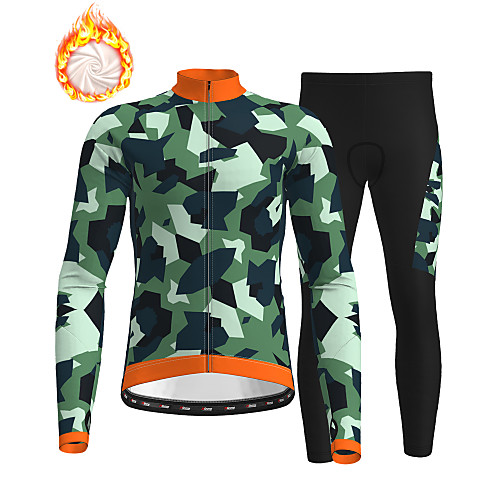 

21Grams Men's Long Sleeve Cycling Jersey with Tights Winter Fleece Green Camo / Camouflage Bike Fleece Lining Breathable Warm Quick Dry Sports Graphic Mountain Bike MTB Road Bike Cycling Clothing