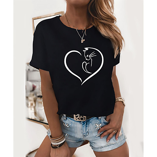 

Women's T shirt Cat Heart Graphic Prints Print Round Neck Tops Basic Basic Top White Black