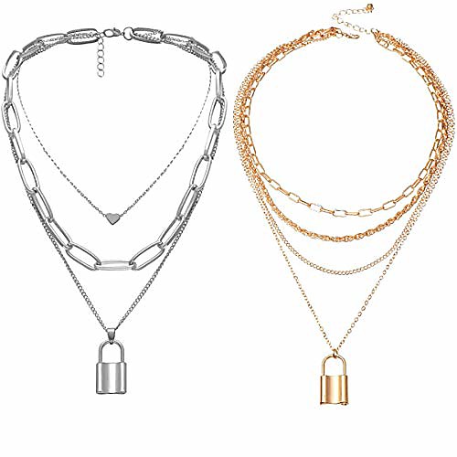 

yfstyle layered lock necklace punk hip hop choker necklace lock heart pendant adjustable multilayer silver plated / gold plated chain necklace for women girls-2pcs