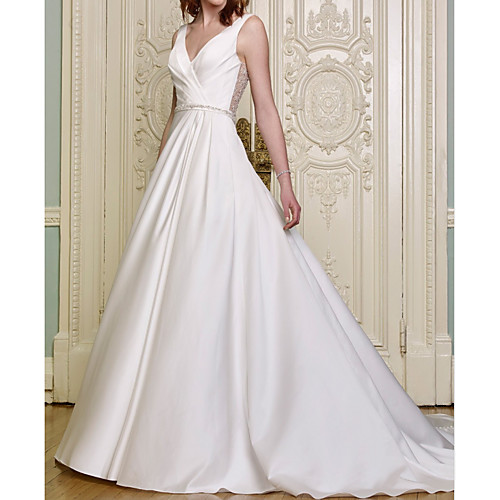 

A-Line Wedding Dresses V Neck Court Train Satin Sleeveless Simple with 2021