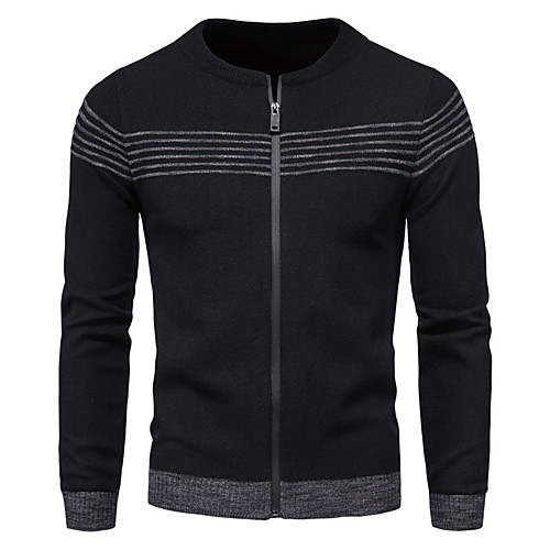 

Men's Stylish Striped Cardigan Long Sleeve Sweater Cardigans Crew Neck Winter Black Dark Gray