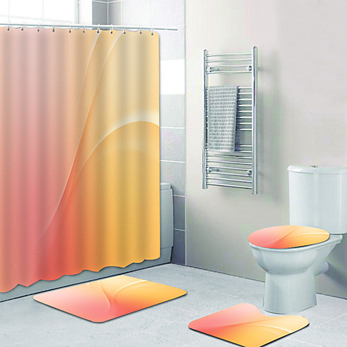 

Simple Pink Yellow Digital Printing Four-piece Set Shower Curtains And Hooks Modern Polyester Machine Made Waterproof Bathroom