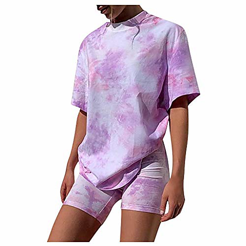 

casual suits for woman girls, women's gradient casual outfits crewneck short sleeve 2 piece short set pajamas, purple, l