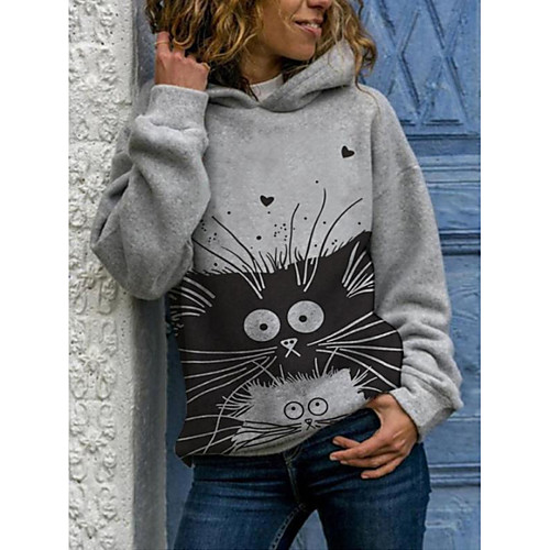

Women's Pullover Hoodie Sweatshirt Cat Character Print Daily Weekend 3D Print Active Basic Hoodies Sweatshirts Gray