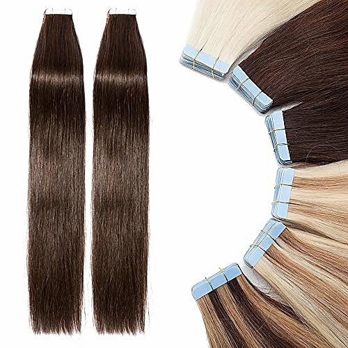 

tape in hair extensions 40 pcs human hair - 100% real remy hair straight seamless skin weft hair extension (#02 dark brown, 16 inch, 80g)