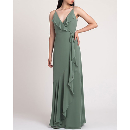 

Sheath / Column V Neck Floor Length Chiffon Bridesmaid Dress with Ruffles / Ruching