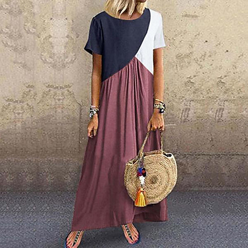 

Women's Sheath Dress Maxi long Dress Short Sleeve Color Block Patchwork Fall Spring Plus Size Casual 2021 Purple Yellow Wine Khaki Green Dark Gray Brown Gray S M L XL XXL 3XL 4XL 5XL