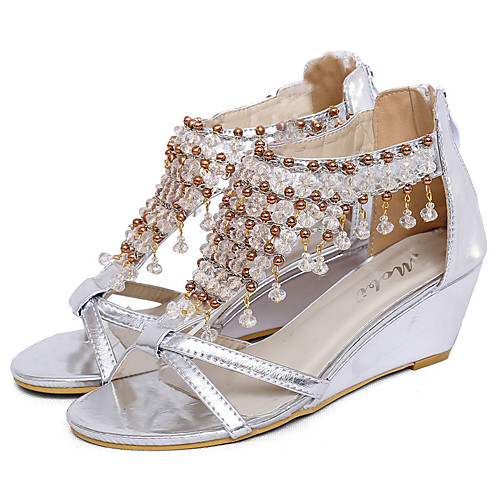 

Women's Sandals Wedge Heel Round Toe Wedge Sandals Casual Daily Walking Shoes Faux Leather Tassel Solid Colored Gold Silver