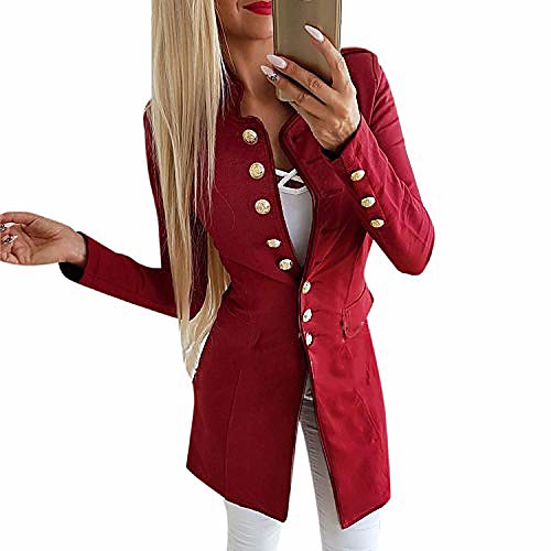 

women's button simple long jacket suit long sleeve stand collar solid color slim fit blazer formal casual office lady suit coat red