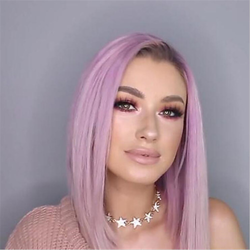 

14 Inch Ladies Chemical Fiber Wig Cover Dyed Short Hair Bobo Head Black Gradient Light Purple Partial Short Straight Hair Wig