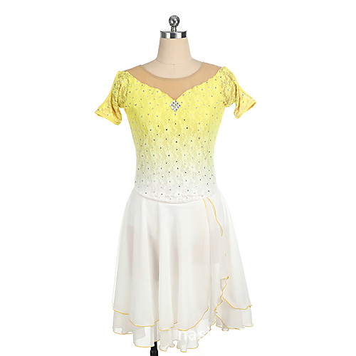 

Figure Skating Dress Women's Girls' Ice Skating Dress Yellow Patchwork Asymmetric Hem Spandex High Elasticity Training Competition Skating Wear Crystal / Rhinestone Short Sleeve Ice Skating Figure