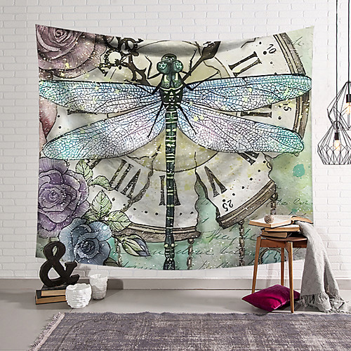 

Wall Tapestry Art Deco Blanket Curtain Hanging Home Bedroom Living Room Dormitory Decoration Polyester Fiber Still Life Painted Dragonfly Clock