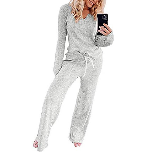 

women long sleeve pajamas suits, 2pcs womenlong sleeve leisure home sweatpants sets, for summer & autumn cotton modal shirt and pants loungewear gray