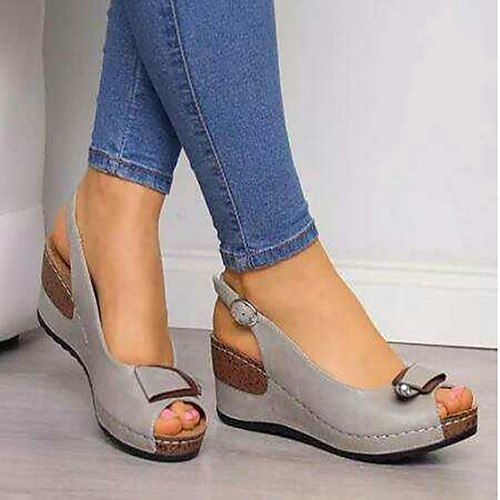 

Women's Sandals Wedge Heel Peep Toe Classic Daily PU Solid Colored Black Khaki Gray