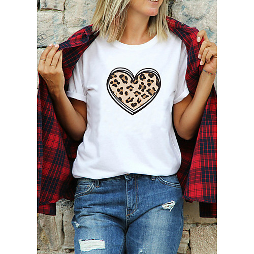 

Women's T shirt Leopard Heart Graphic Prints Print Round Neck Tops 100% Cotton Basic Basic Top White Black Purple