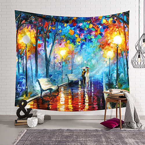 

Oil Painting Style Wall Tapestry Art Decor Blanket Curtain Hanging Home Bedroom Living Room Decoration Polyester Romantic Street Lamp Lovers Strolling