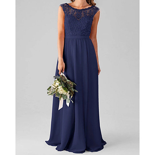 

A-Line Jewel Neck Floor Length Chiffon / Lace Bridesmaid Dress with Pleats / Appliques